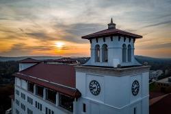 aerial view of university hall at sunset